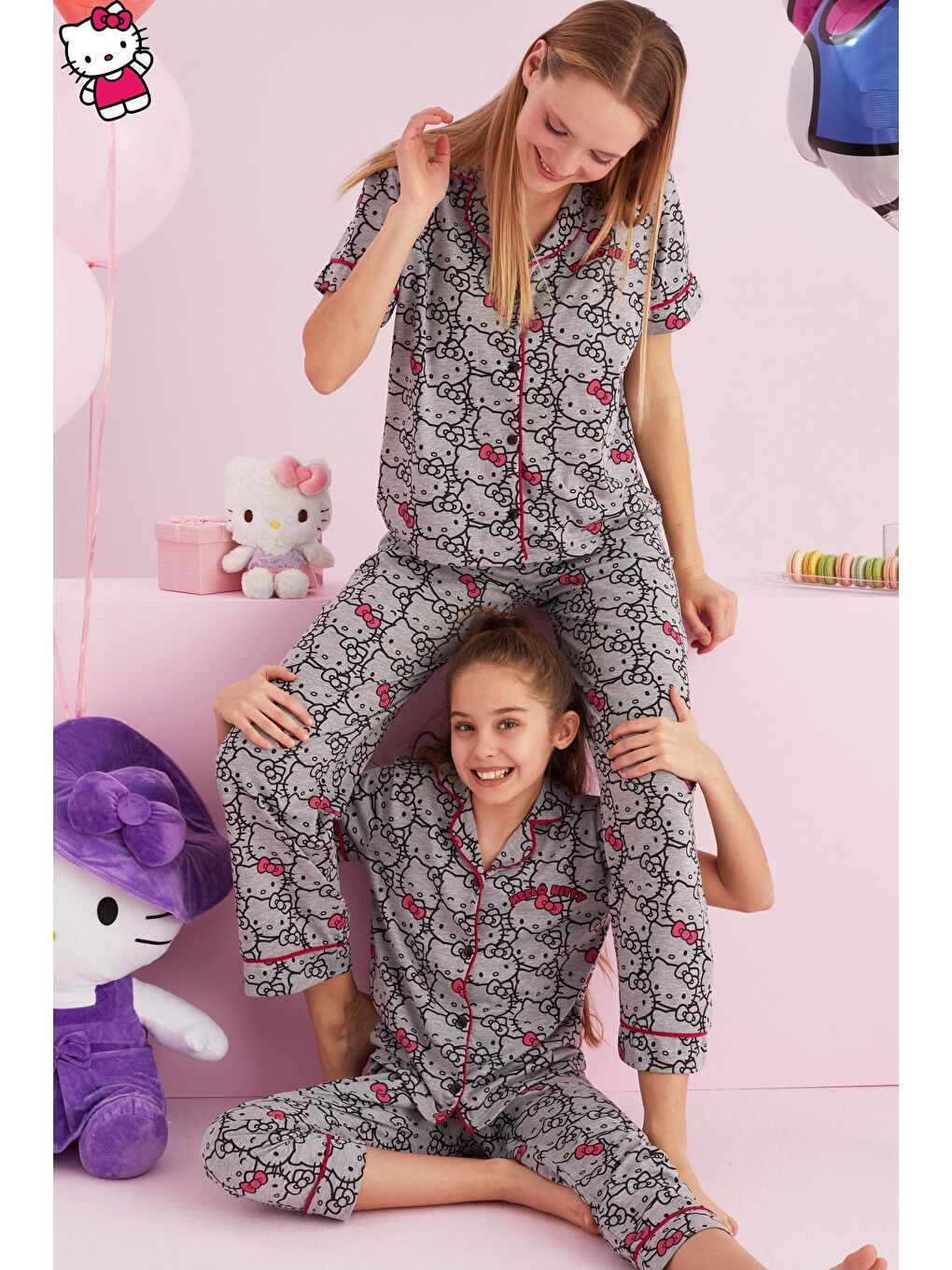 SİYAH İNCİ Gri Hello Kitty Lisanslı %100 Pamuk Gri Çok Renkli Düğmeli Biyeli Pijama Takım