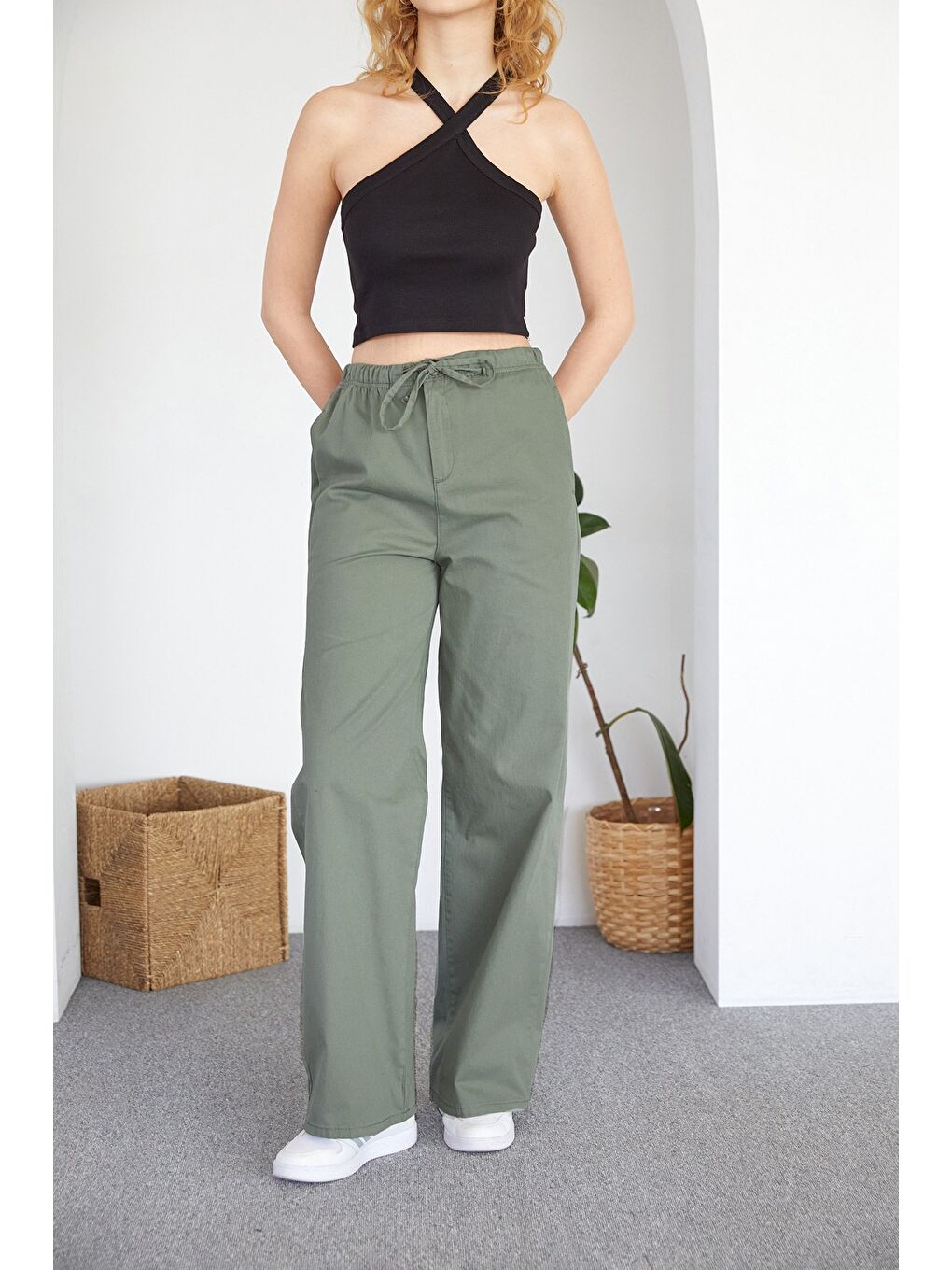 Haki Beli Lastikli Cepli Gabardin Palazzo Pantolon-1