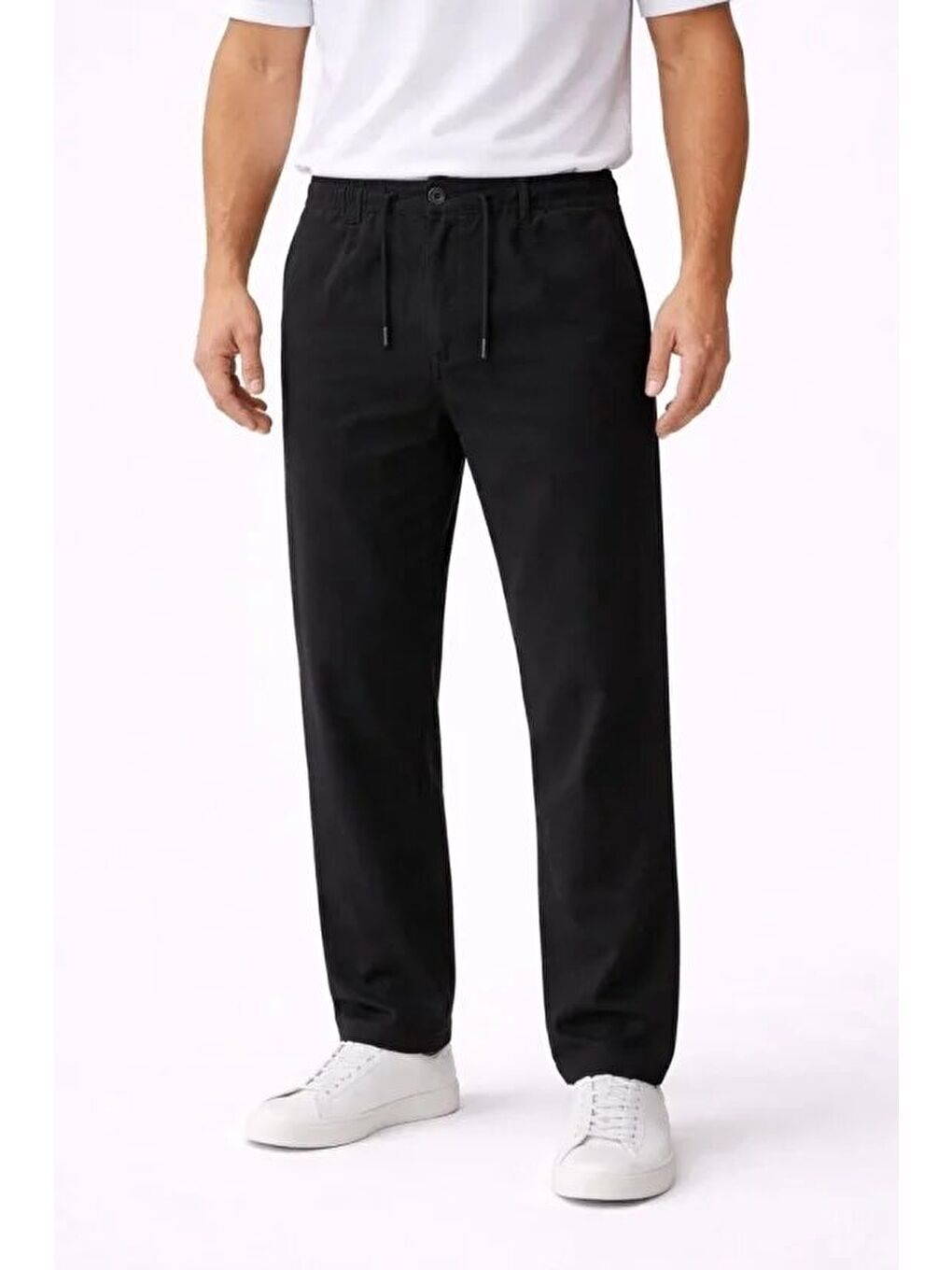 Erkek Keten Cepli Pantolon Lastikli Bel Bağcıklı Önden Fermuarlı - Siyah