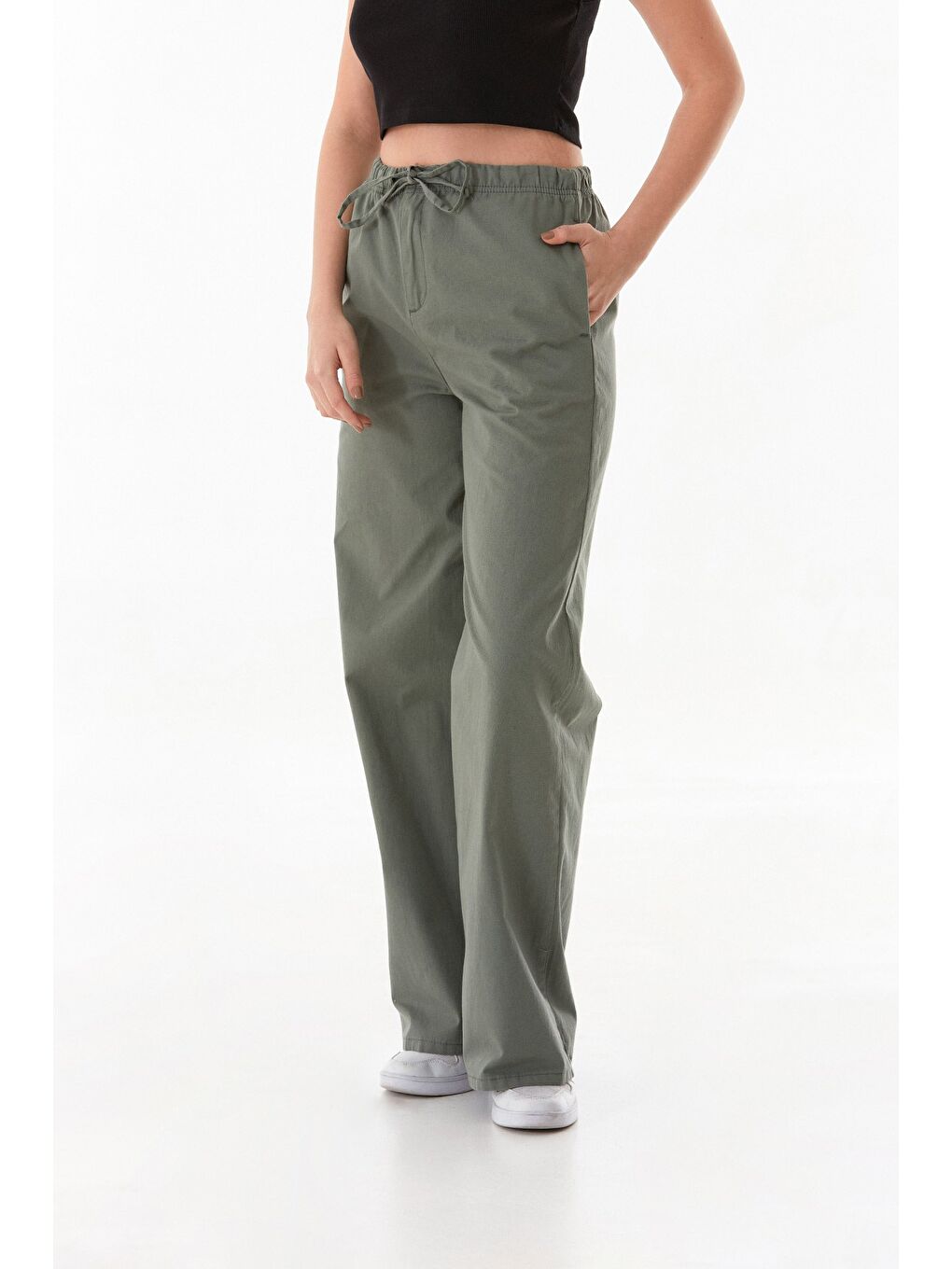 Haki Beli Lastikli Cepli Gabardin Palazzo Pantolon-3