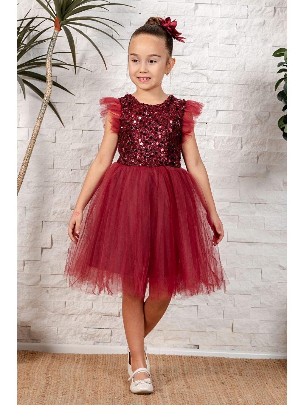 Bordo Tüllü Kız Çocuk KPL Elbise MNK0526-2
