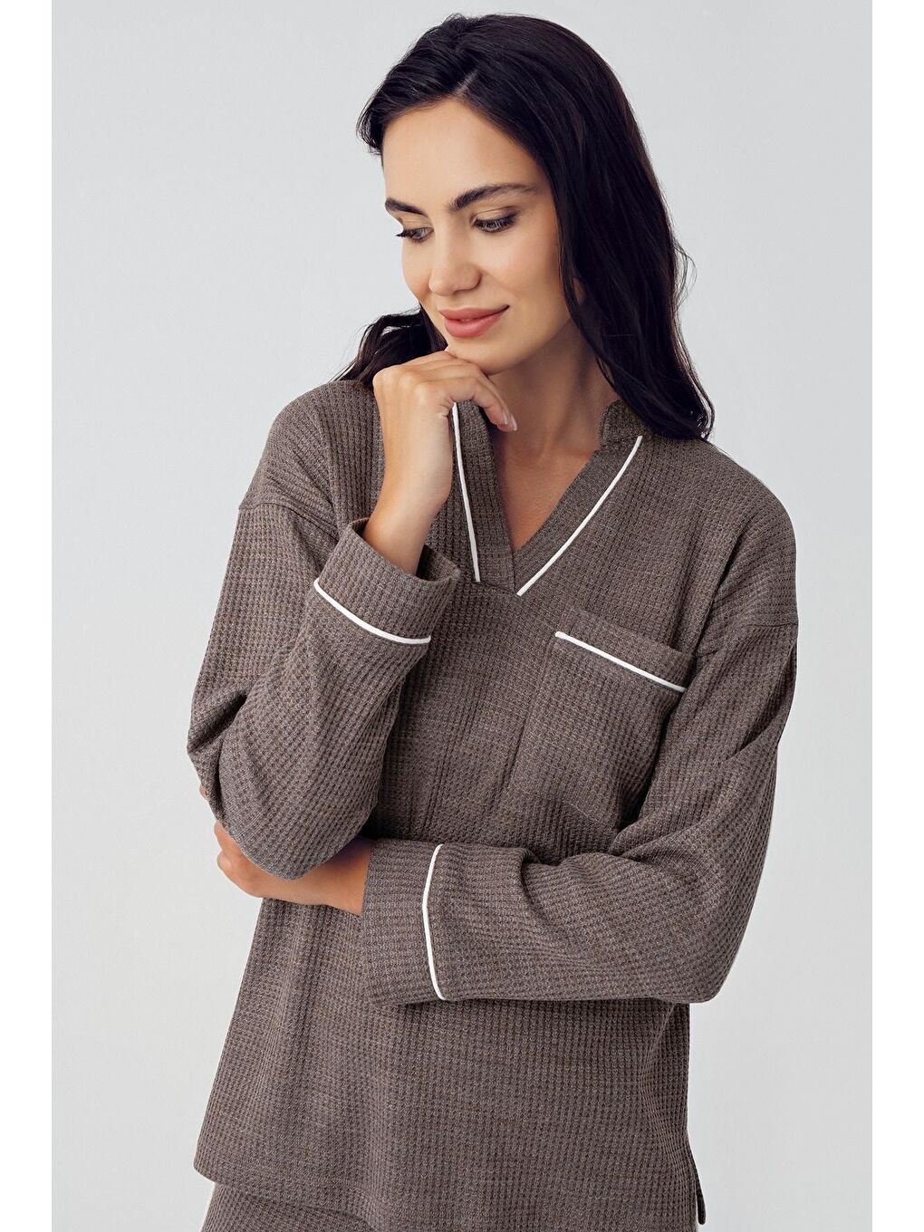 Kahverengi Kadın Uzun Kollu Esnek Yumuşak Dokulu Waffle Kumaş Pijama Takım 15213-1