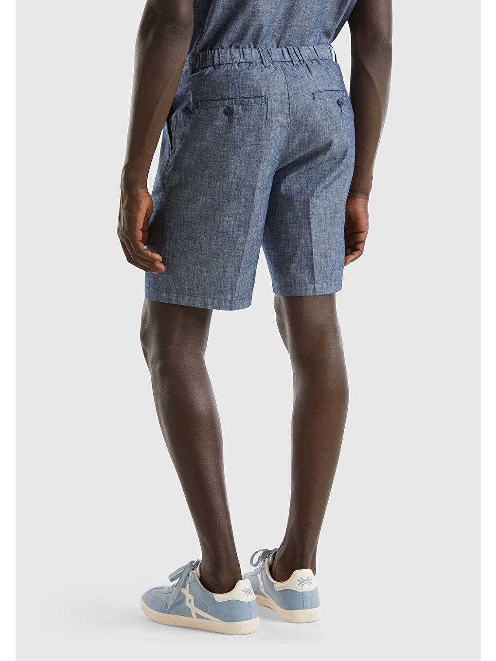 Erkek İndigo %100 Pamuk Önü Pileli Bermuda Şort-2