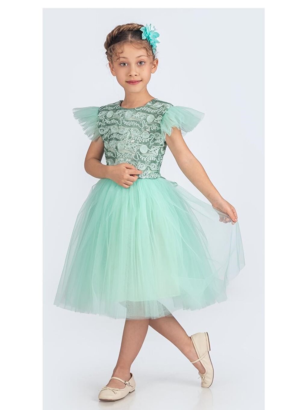 Yeşil Tüllü Kız Çocuk KPL Elbise MNK0526-6