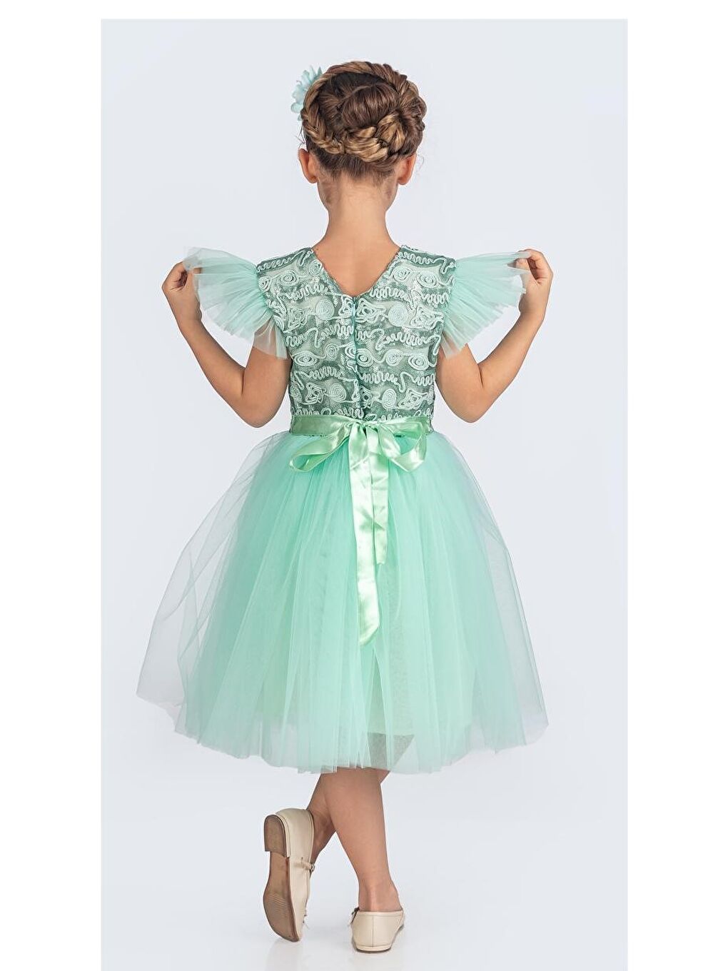 Yeşil Tüllü Kız Çocuk KPL Elbise MNK0526-7