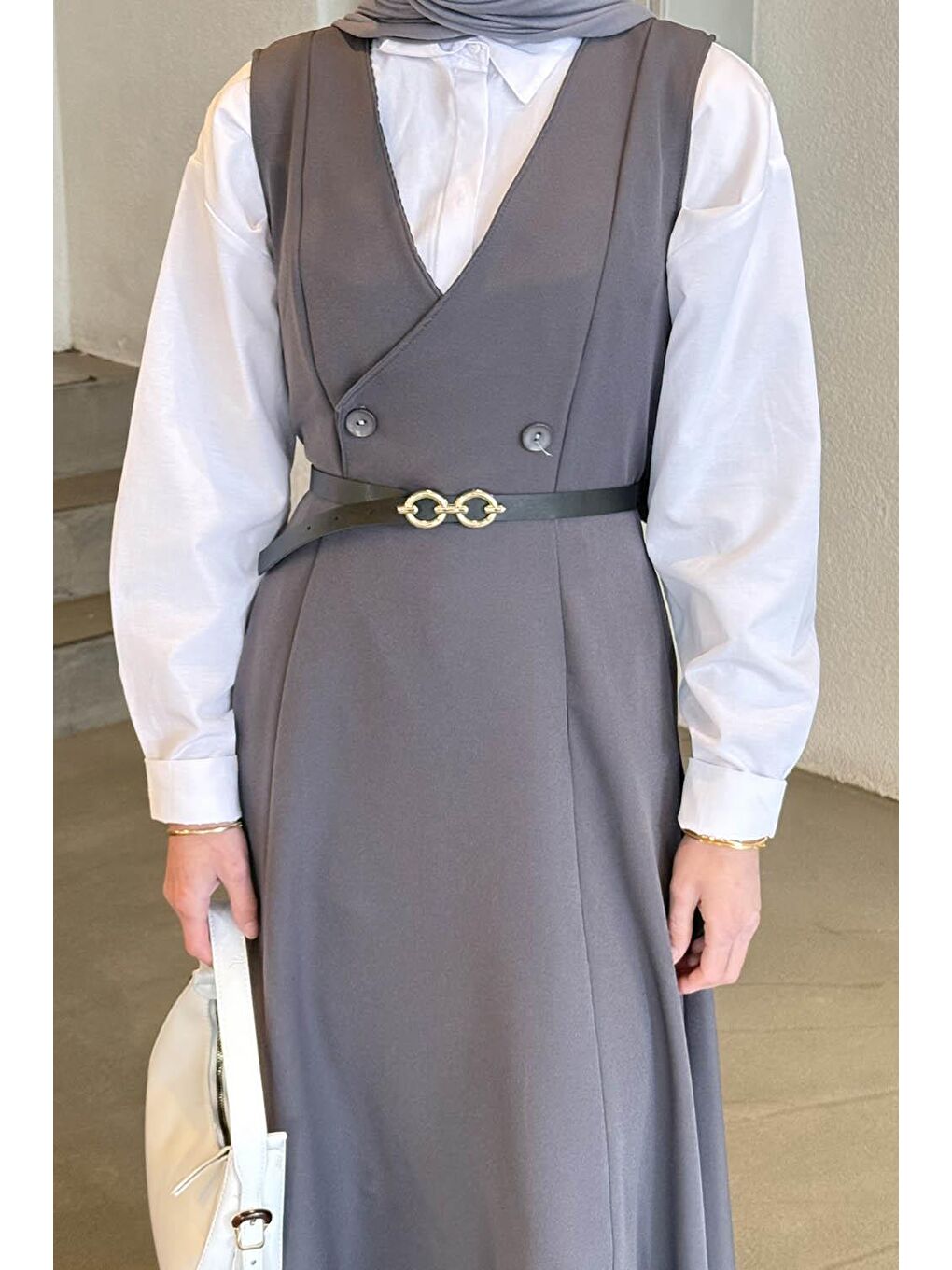 Düğme Detaylı Kolsuz Tesettür Elbise Antrasit-2