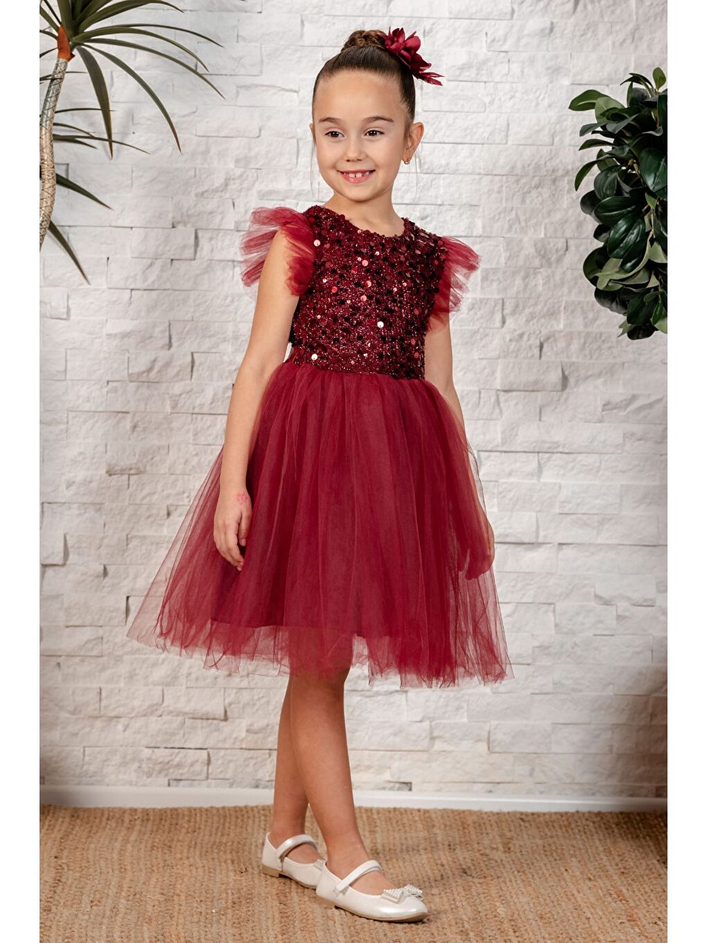 Bordo Tüllü Kız Çocuk KPL Elbise MNK0526-8