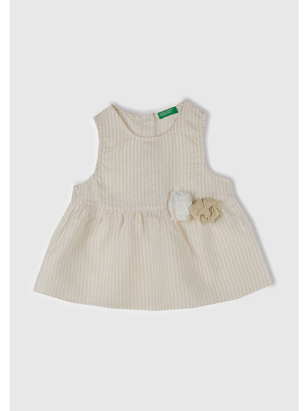 Kız Çocuk Ekru Keten Karışımlı Tamamı Desenli Çiçek Aplikeli Arkası Düğmeli Kolsuz Gömlek