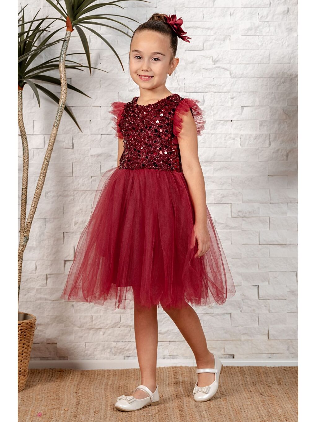 Bordo Tüllü Kız Çocuk KPL Elbise MNK0526-9