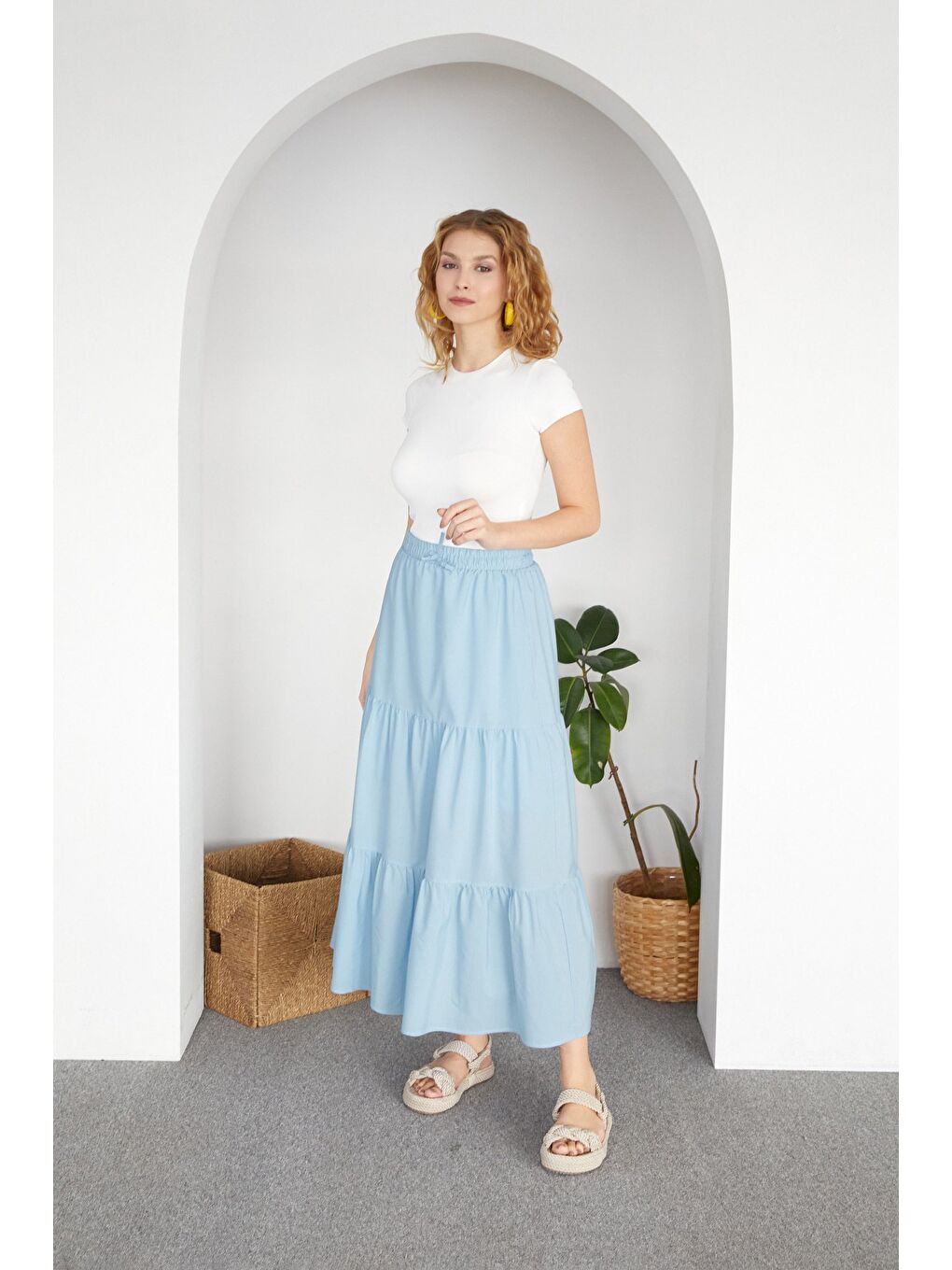 Mavi Terikoton Kumaş Fırfırlı Etek-1