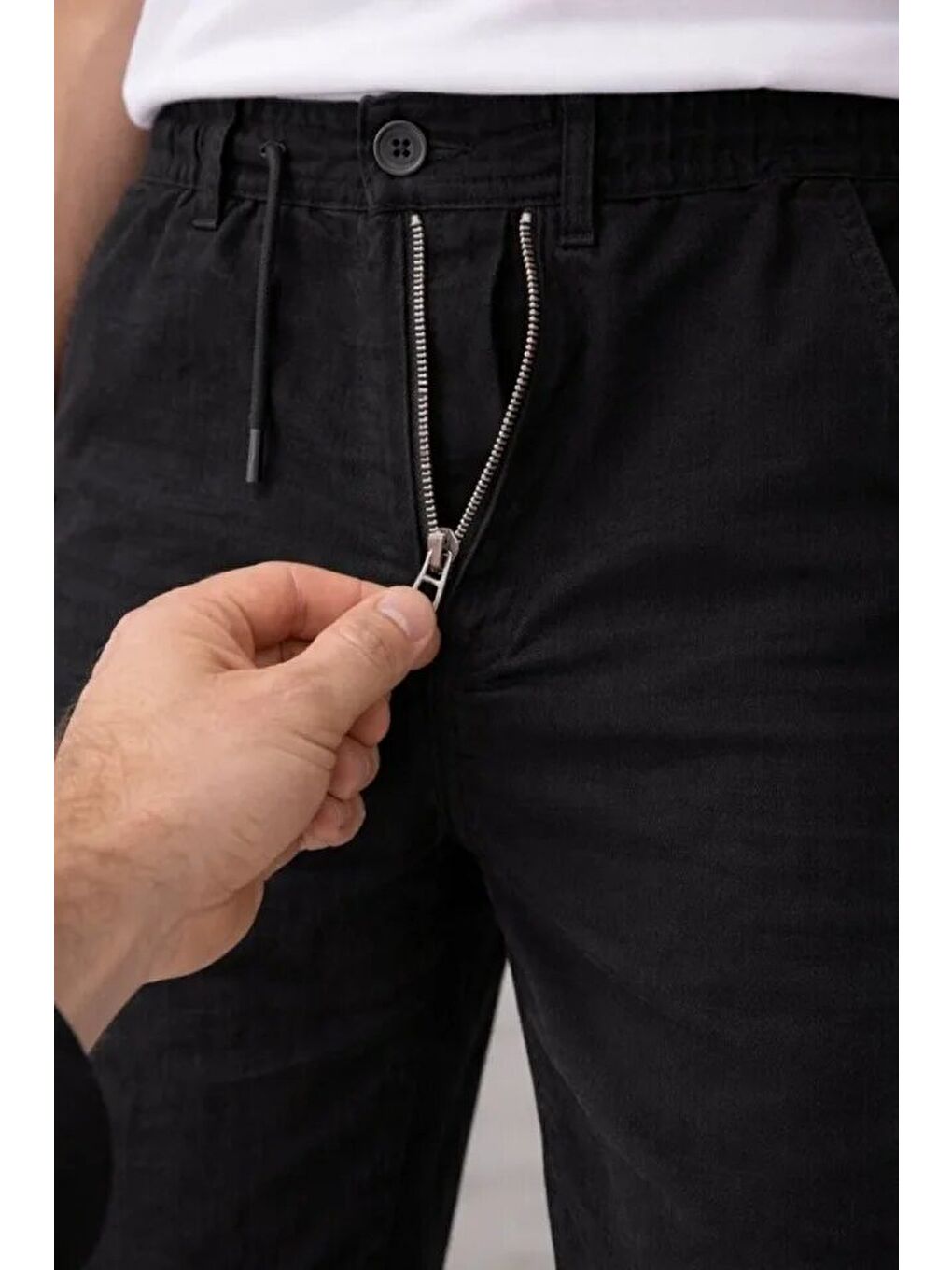 Erkek Keten Cepli Pantolon Lastikli Bel Bağcıklı Önden Fermuarlı - Siyah-1