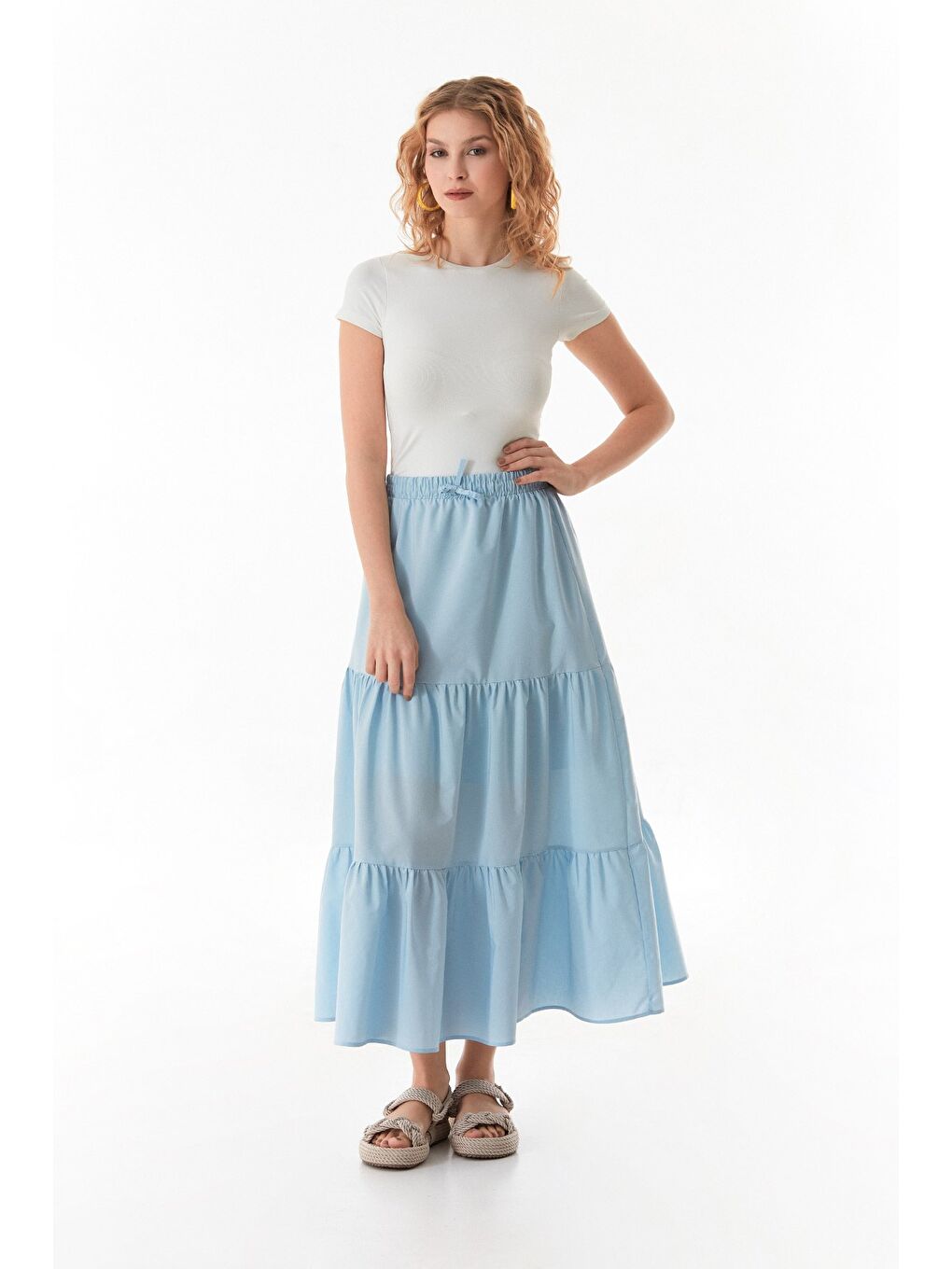 Mavi Terikoton Kumaş Fırfırlı Etek-4