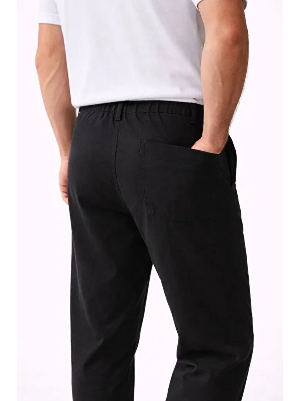 Erkek Keten Cepli Pantolon Lastikli Bel Bağcıklı Önden Fermuarlı - Siyah-2