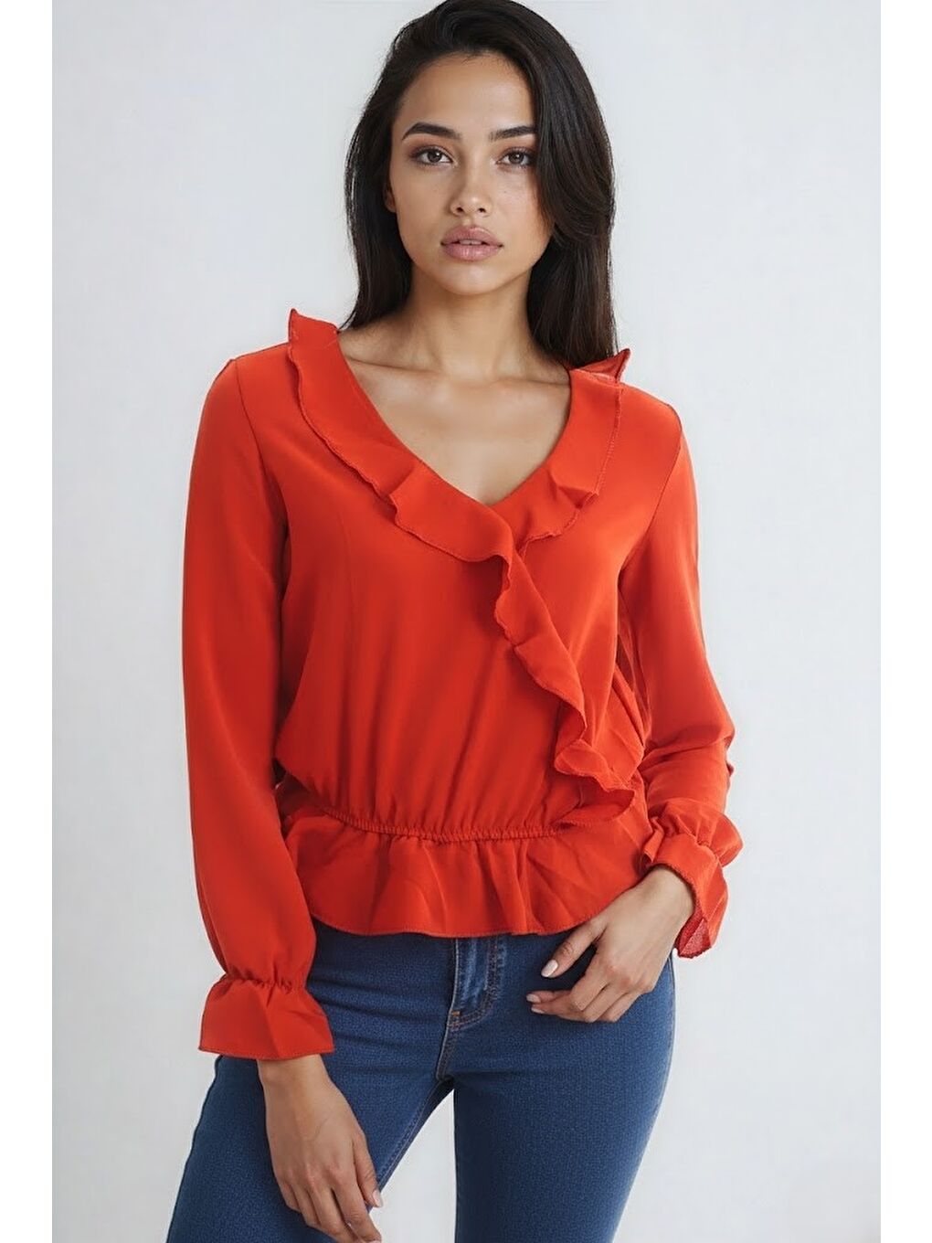 Kahverengi Ayrobin Kruvaze Fırfırlı Uzun Kol Bluz Kiremit-1