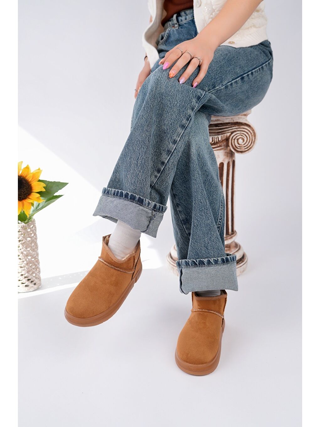 Kahverengi TAZZY Kadın Kalın Taban İçi Tüylü Günlük Mini Yarım Bot-5