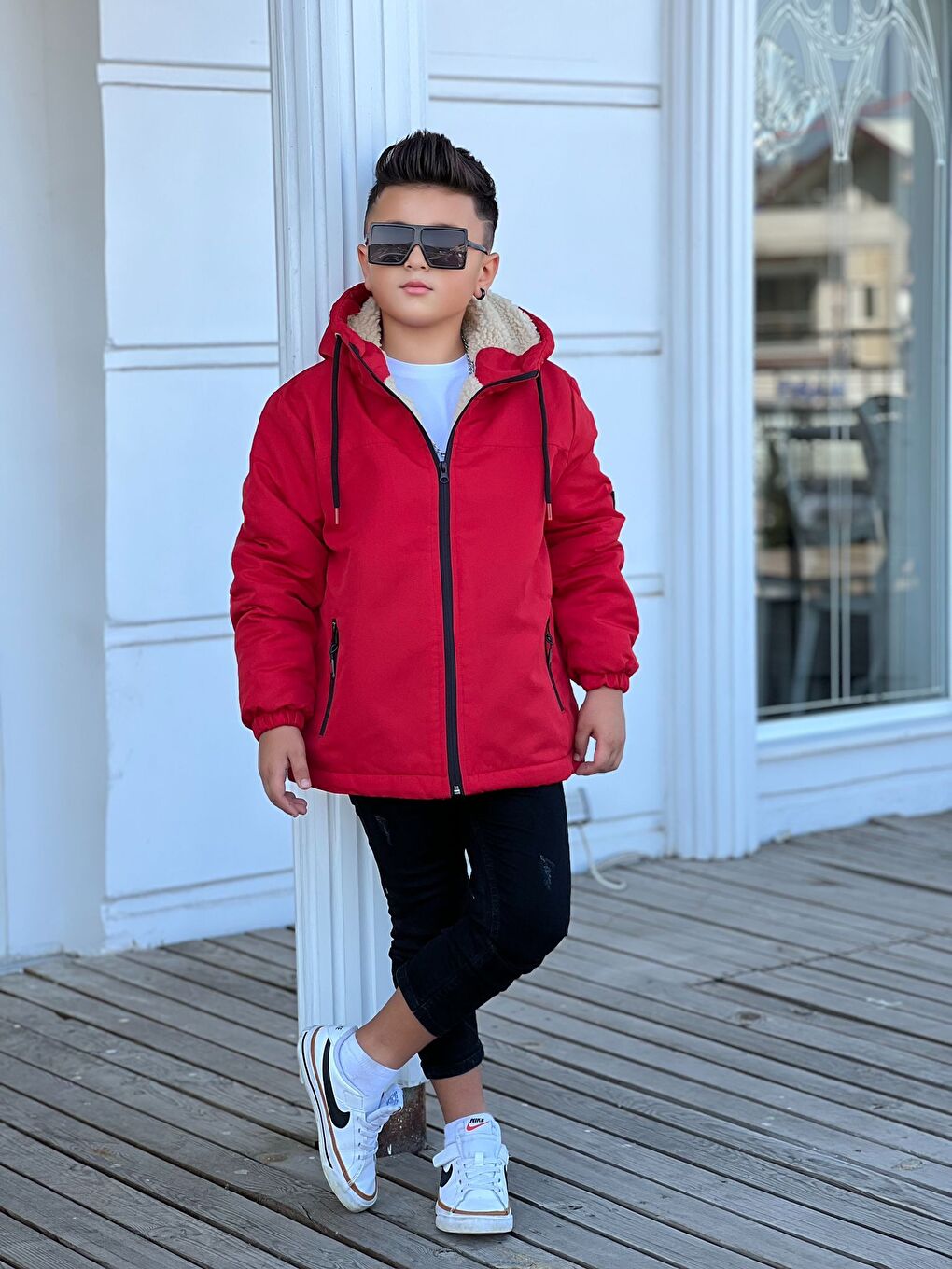 Kırmızı Erkek Çocuk Kapüşonlu İçi Kürklü Mont KM3050