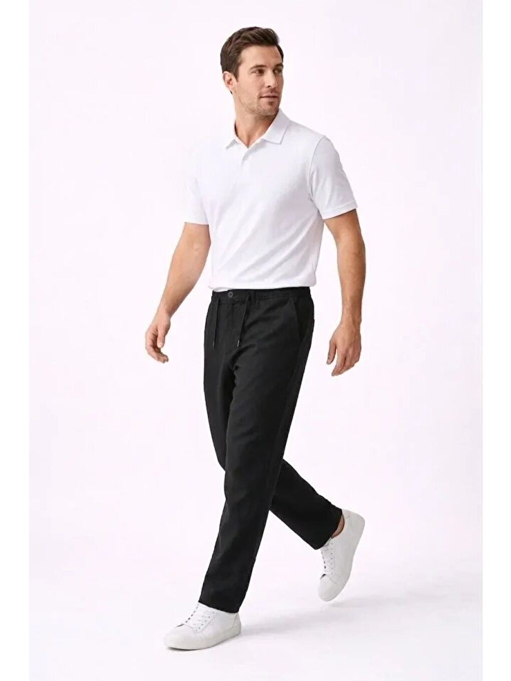 Erkek Keten Cepli Pantolon Lastikli Bel Bağcıklı Önden Fermuarlı - Siyah-3