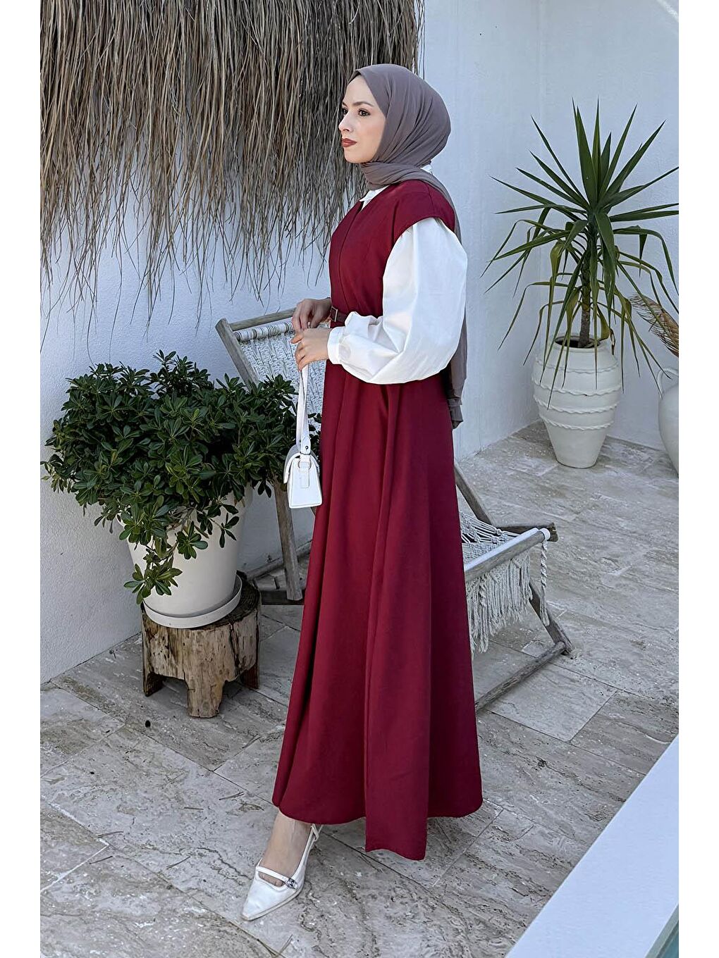 Pile Detaylı Kemerli Jile Bordo-1