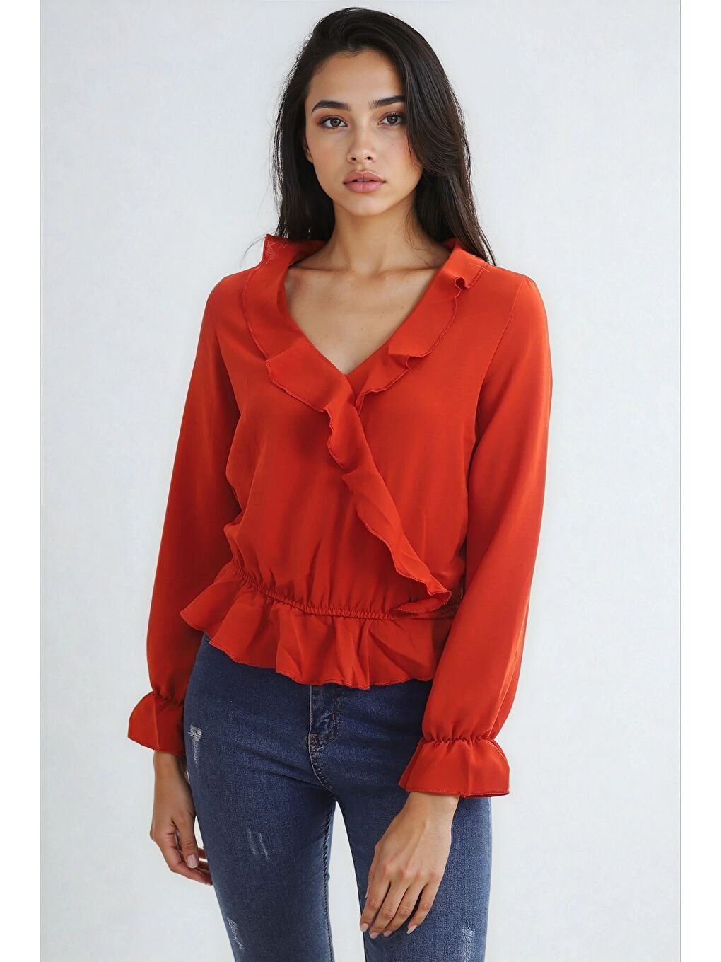 Kahverengi Ayrobin Kruvaze Fırfırlı Uzun Kol Bluz Kiremit-2