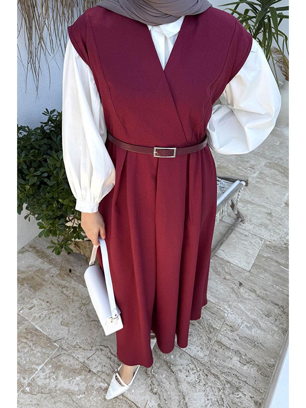 Pile Detaylı Kemerli Jile Bordo-2