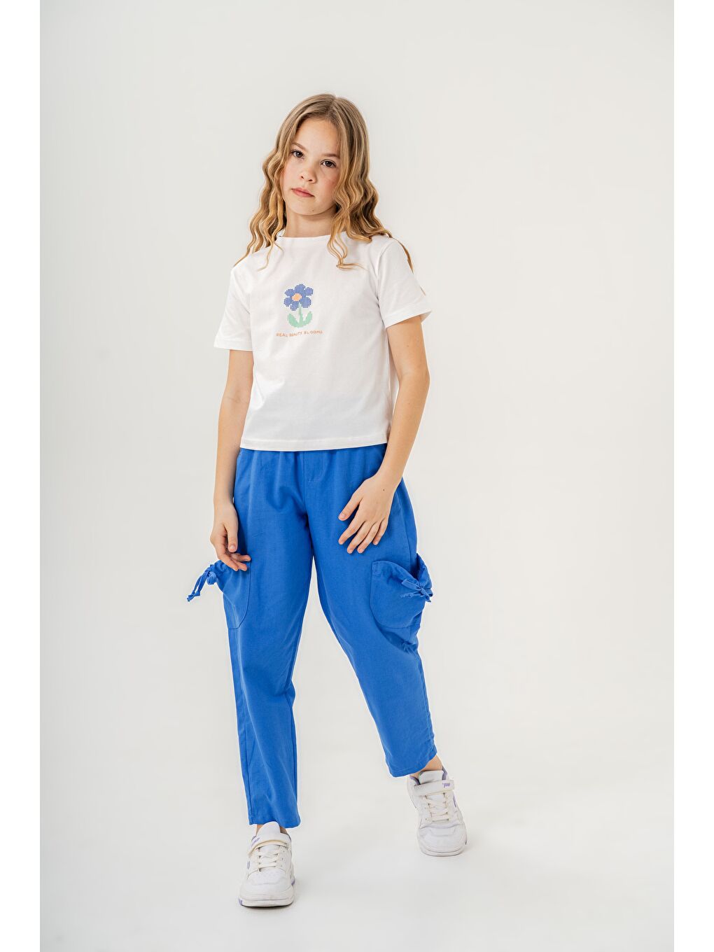 Beyaz Kız Çocuk Pamuklu T-Shirt Keten Pantalonlu Yazlık Takım 6-9 Yaş-3