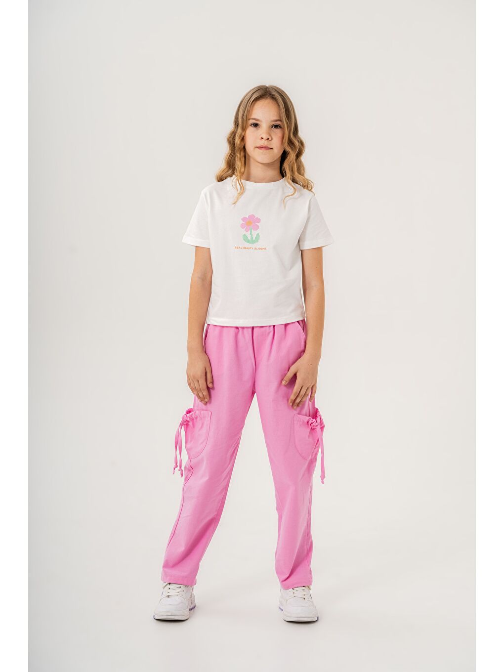 Pembe Kız Çocuk Pamuklu T-Shirt Keten Pantalonlu Yazlık Takım 6-9 Yaş-1
