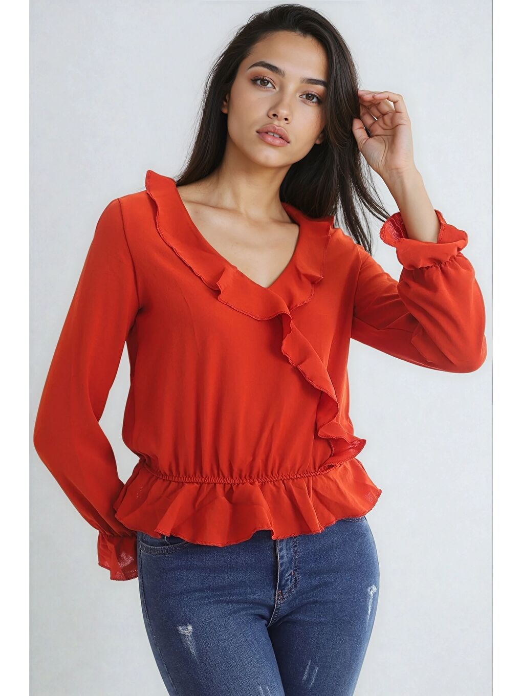 Kahverengi Ayrobin Kruvaze Fırfırlı Uzun Kol Bluz Kiremit-3