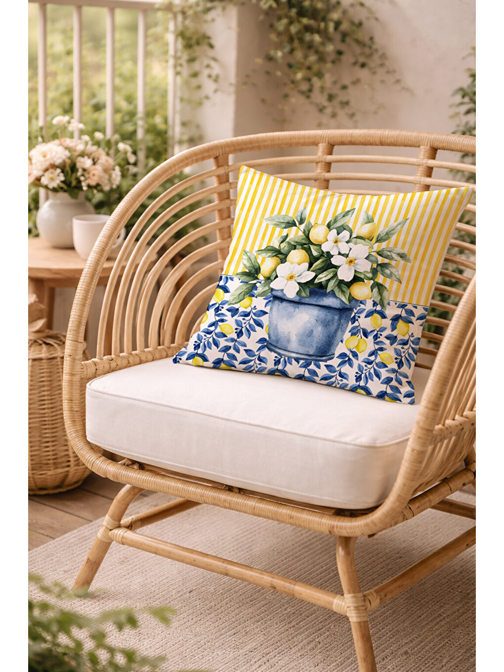 Karışık Sarı Çizgili ve Mavi Çiçek Desenli, Limon Saksısı Temalı Dekoratif Kırlent Kılıfı (43x43 cm)-1
