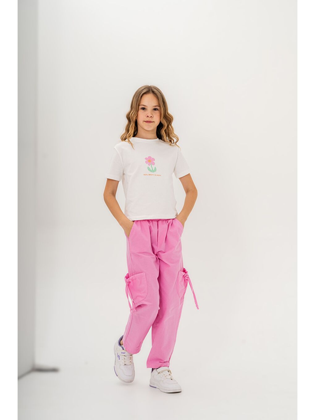 Pembe Kız Çocuk Pamuklu T-Shirt Keten Pantalonlu Yazlık Takım 6-9 Yaş-4