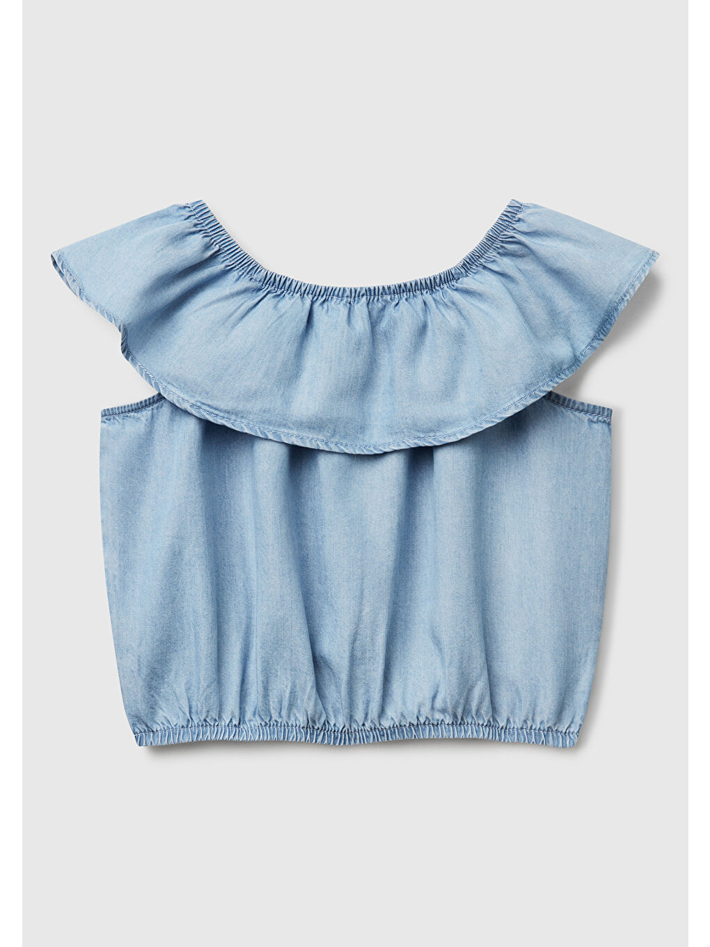 Mavi Kız Çocuk Denim %100 Liyosel Yakası Fırfırlı Lastikli Kolsuz Crop Gömlek-1