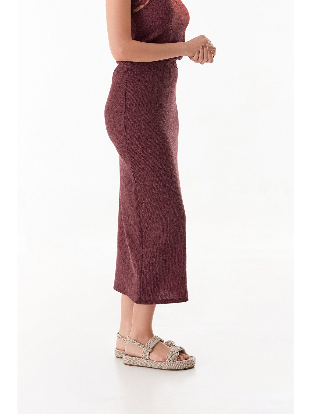 Bordo Kurdele Detaylı Bürümcük Kumaş Kalem Etek-3