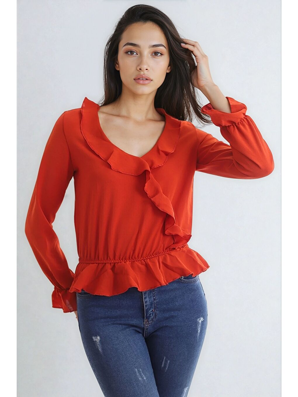 Kahverengi Ayrobin Kruvaze Fırfırlı Uzun Kol Bluz Kiremit-4