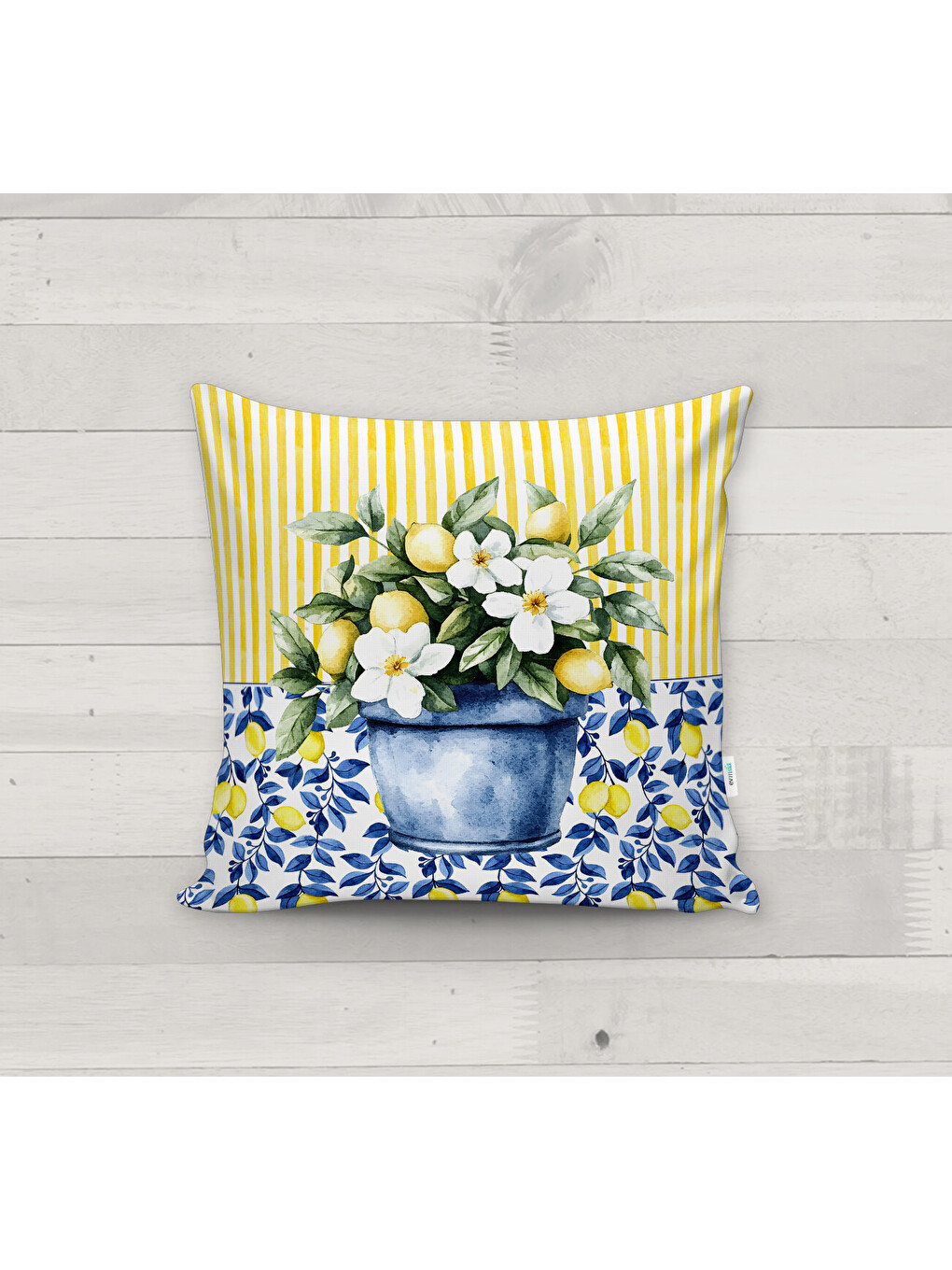 Karışık Sarı Çizgili ve Mavi Çiçek Desenli, Limon Saksısı Temalı Dekoratif Kırlent Kılıfı (43x43 cm)-2