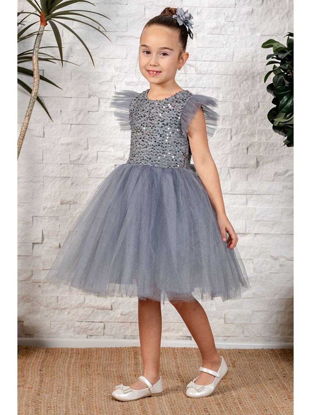 Gri Tüllü Kız Çocuk KPL Elbise MNK0526-5