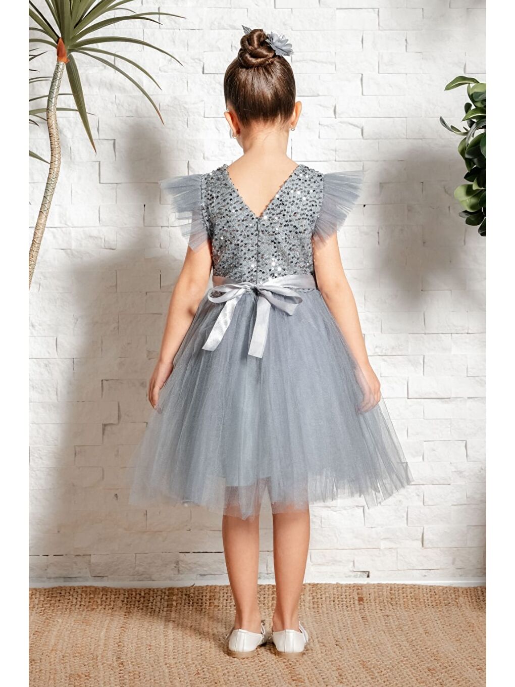 Gri Tüllü Kız Çocuk KPL Elbise MNK0526-8