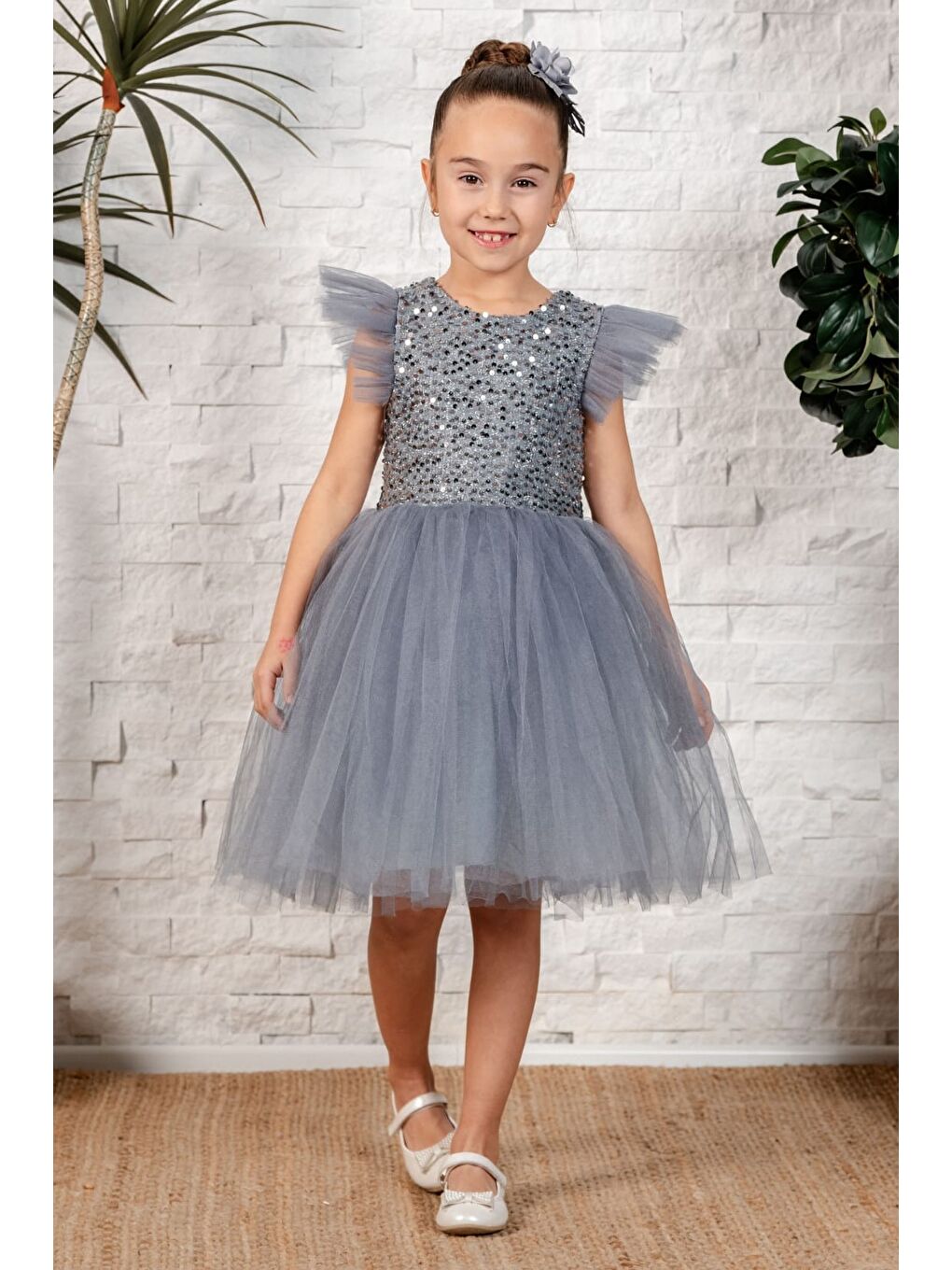Gri Tüllü Kız Çocuk KPL Elbise MNK0526-9