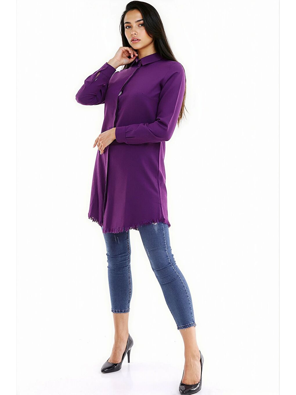 Şamre Eteği Püsküllü Uzun Gömlek Mürdüm-1