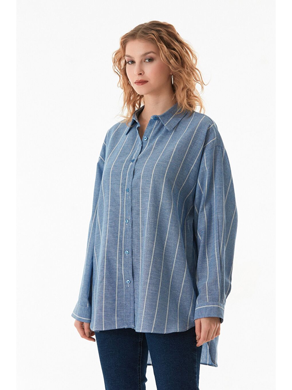 Mavi Çizgili Arkası Uzun Oversize Gömlek-3
