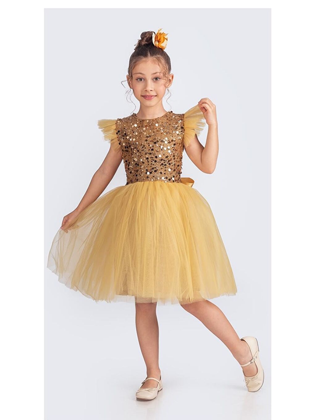 Sarı Tüllü Kız Çocuk KPL Elbise MNK0526-5