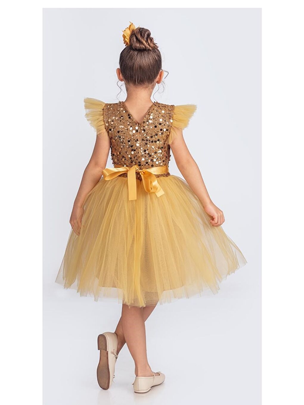 Sarı Tüllü Kız Çocuk KPL Elbise MNK0526-7