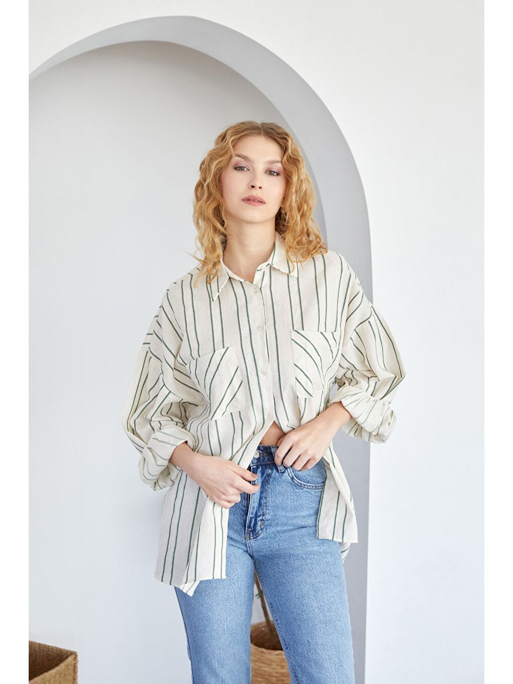 Yeşil Çizgili Çift Cepli Oversize Keten Gömlek