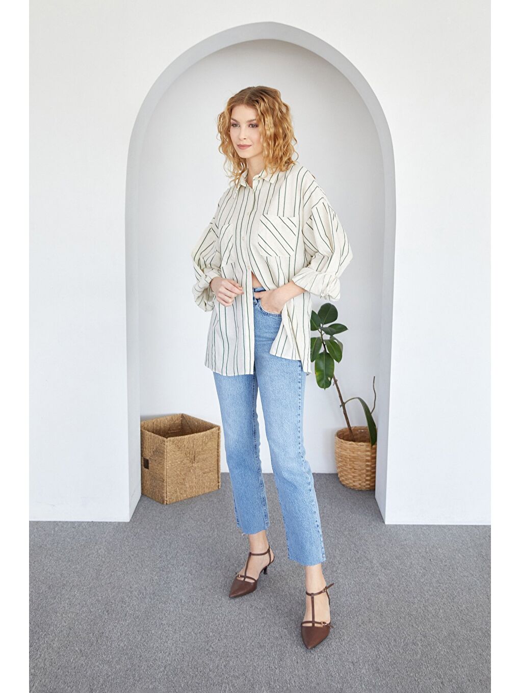 Yeşil Çizgili Çift Cepli Oversize Keten Gömlek-1