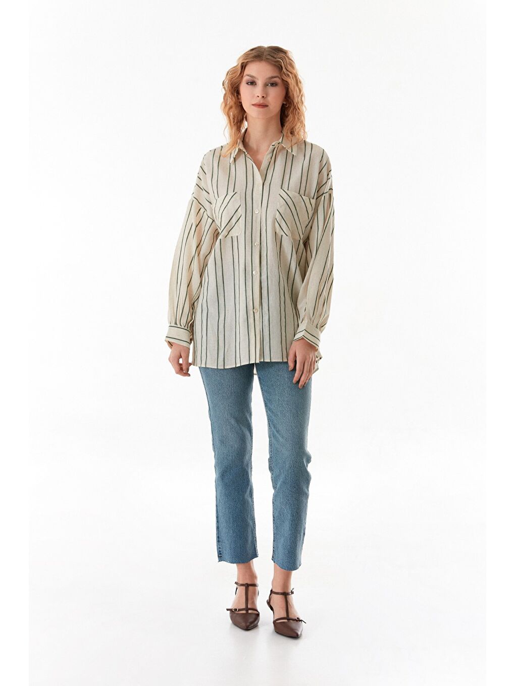 Yeşil Çizgili Çift Cepli Oversize Keten Gömlek-2