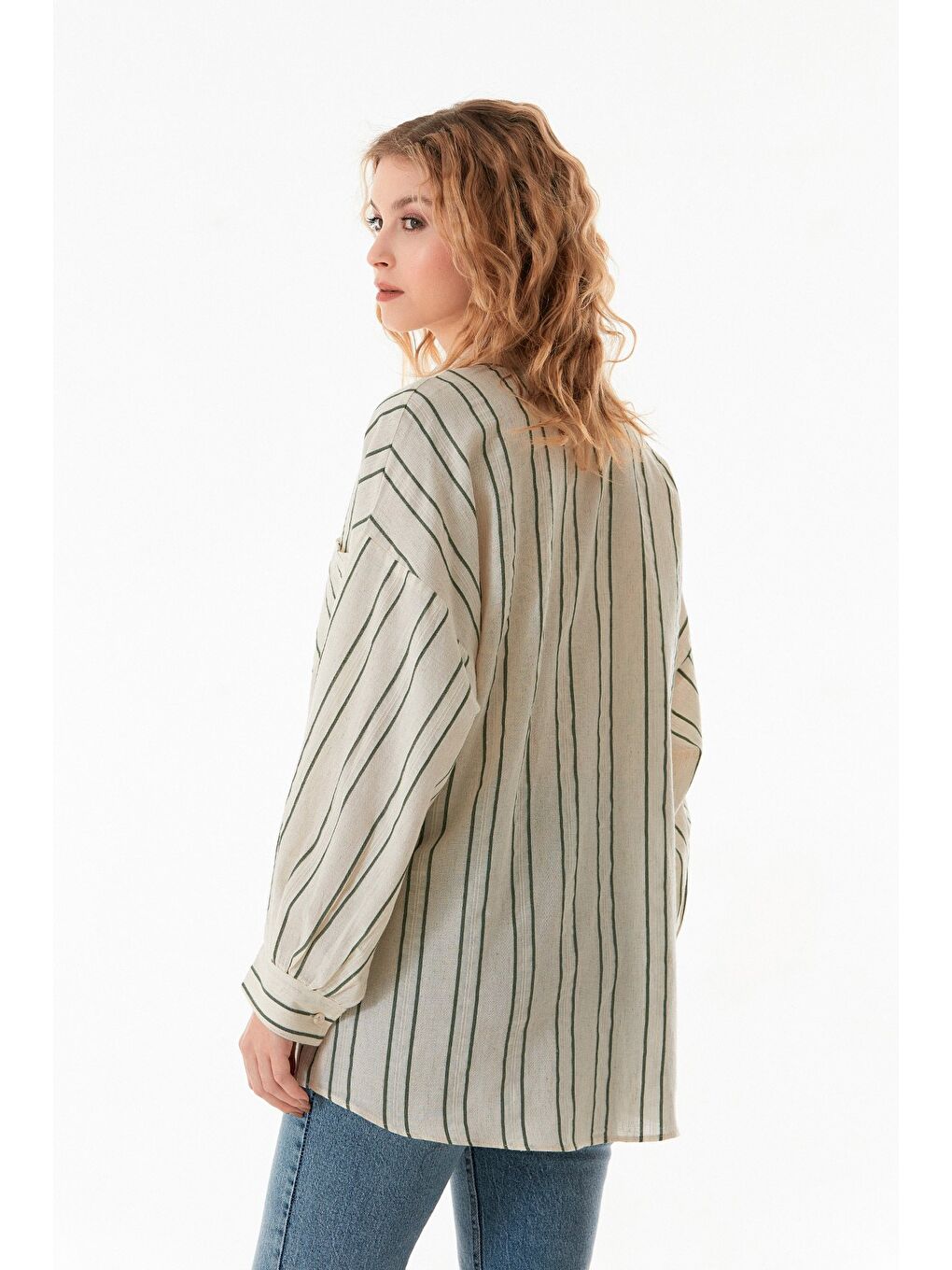 Yeşil Çizgili Çift Cepli Oversize Keten Gömlek-3