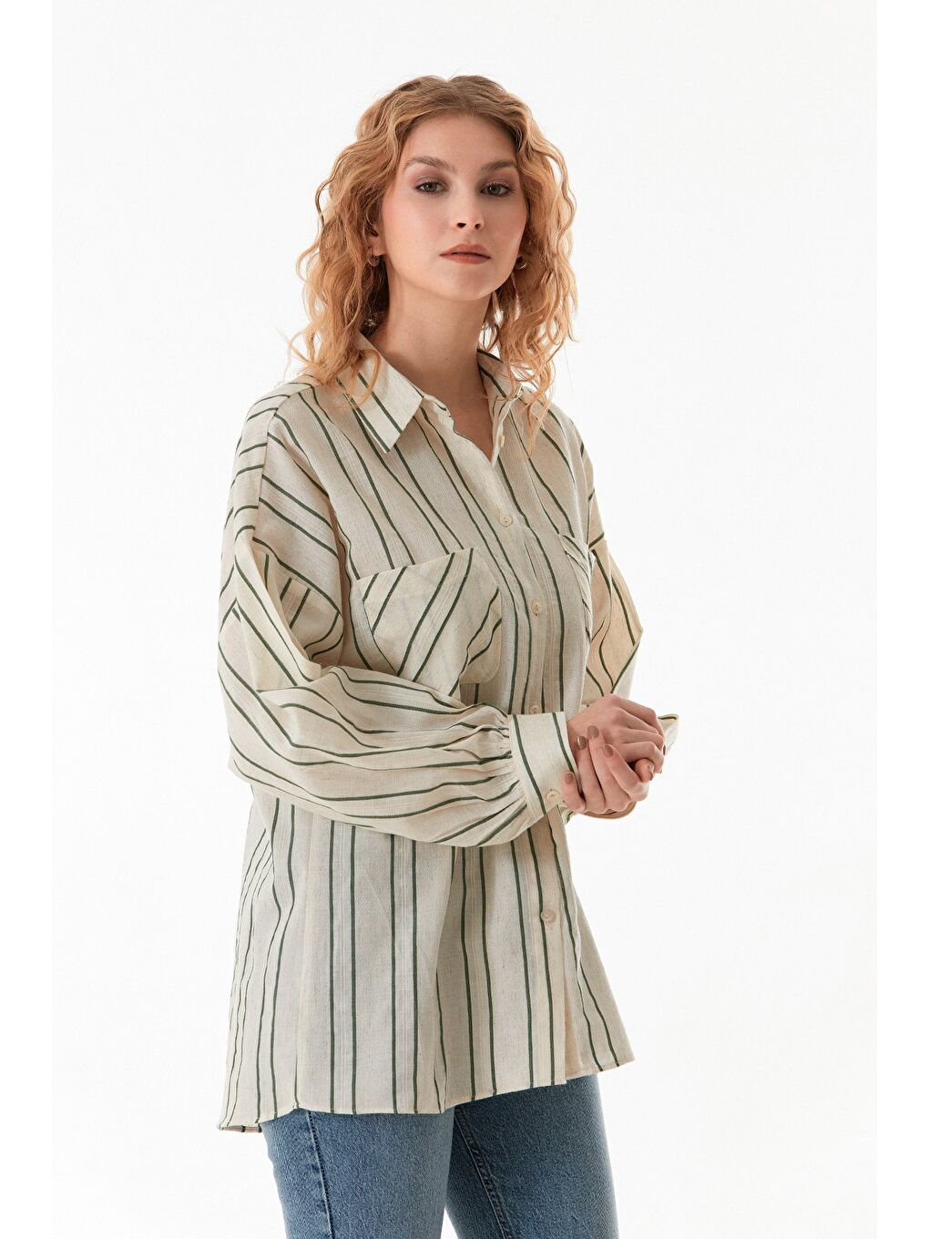 Yeşil Çizgili Çift Cepli Oversize Keten Gömlek-4