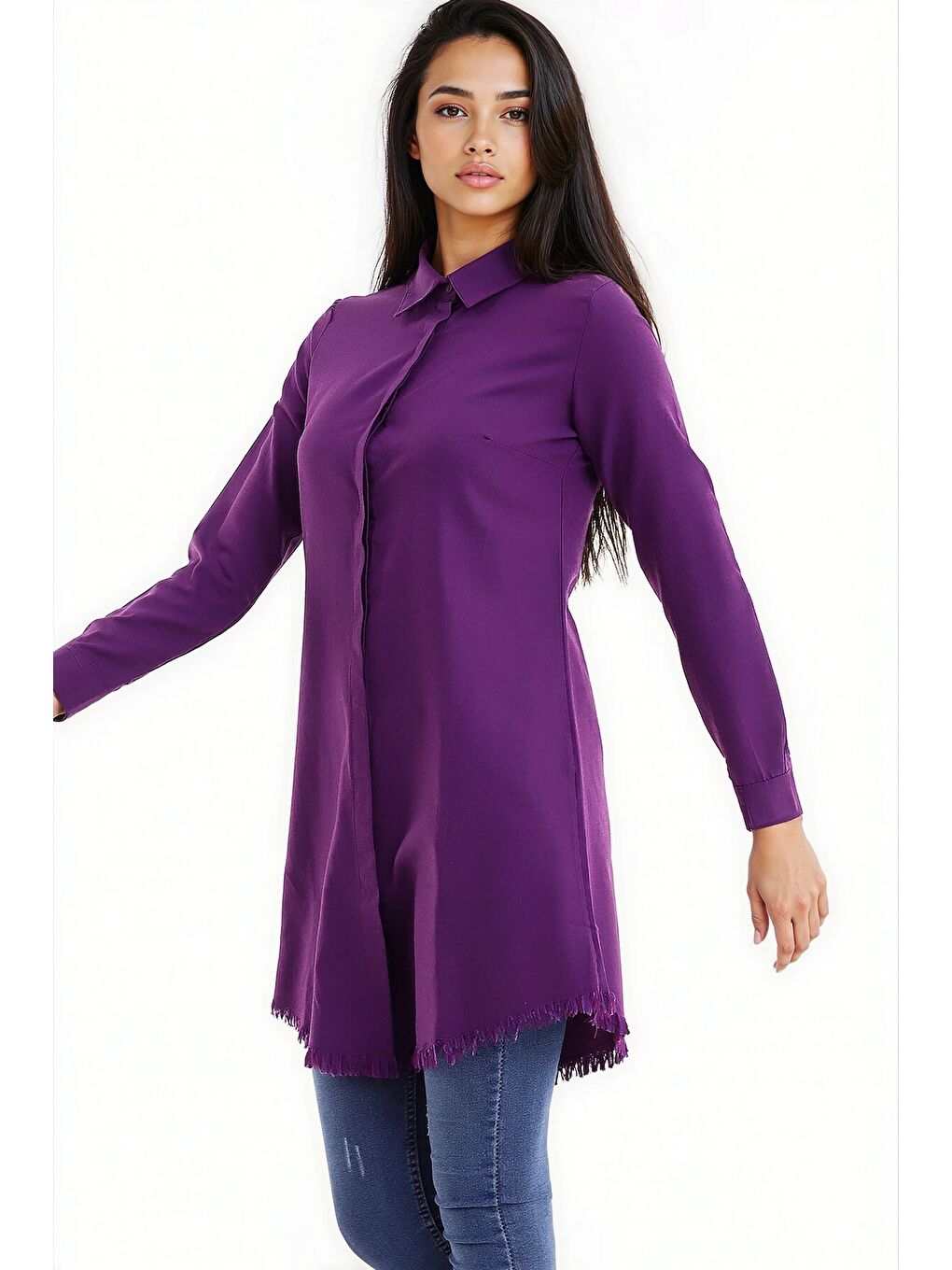 Şamre Eteği Püsküllü Uzun Gömlek Mürdüm-3