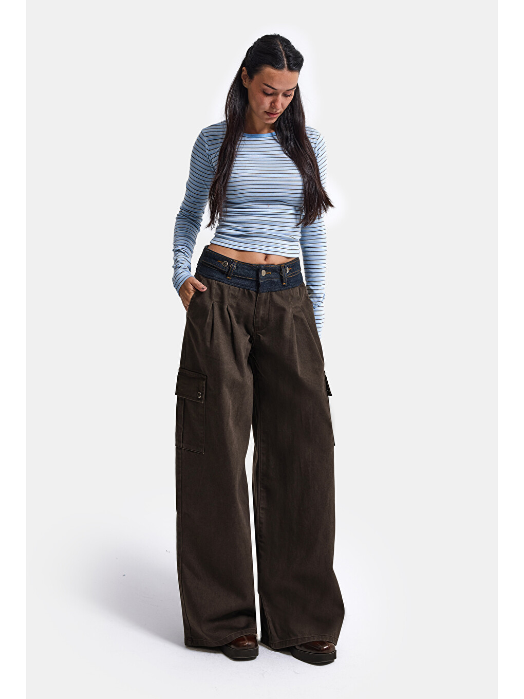 Kahverengi Kadın Acı Kahve Süper Palazzo Jean Kemer Detaylı Kargo Cep Özel Tasarım Denim Jean-5