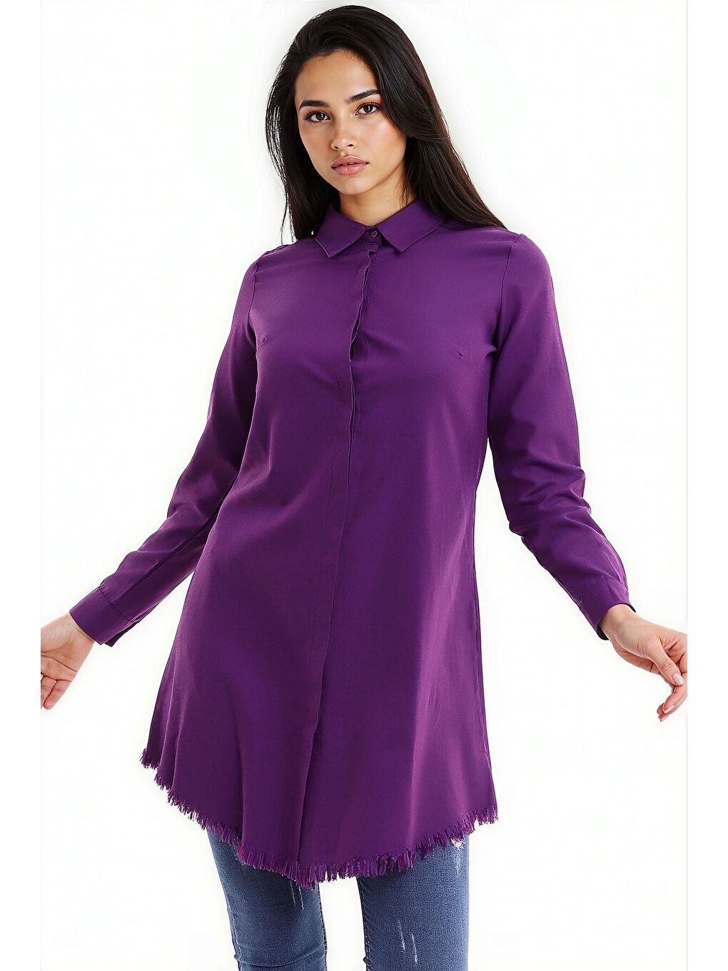 Şamre Eteği Püsküllü Uzun Gömlek Mürdüm-4