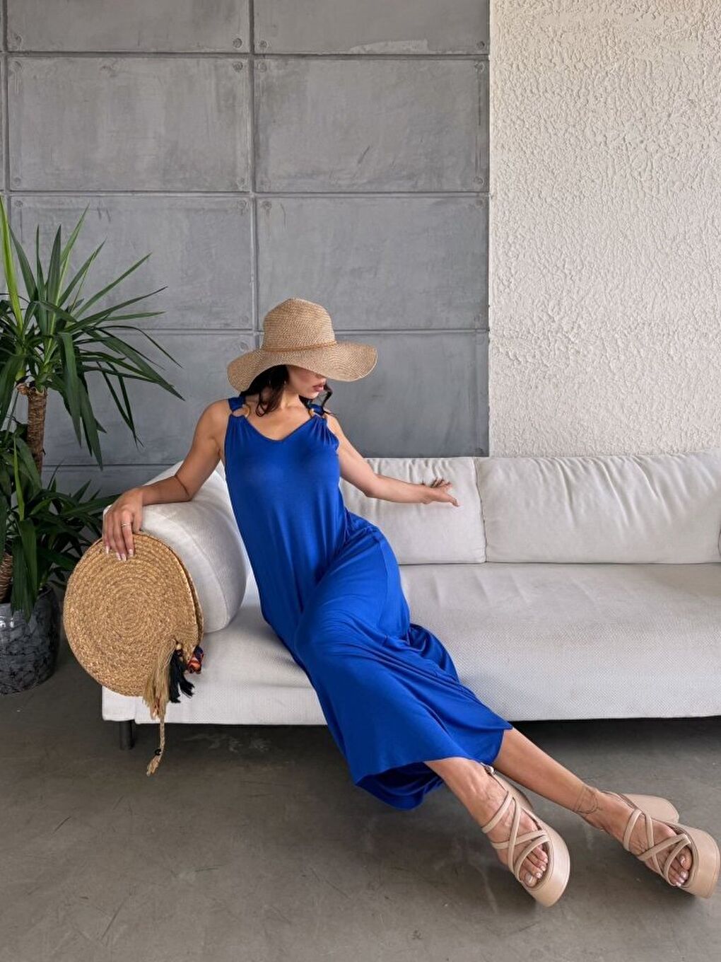 Mavi Kadın çan Dokuma Kumaş V Yaka Asimetrik Kesim Elbise-1