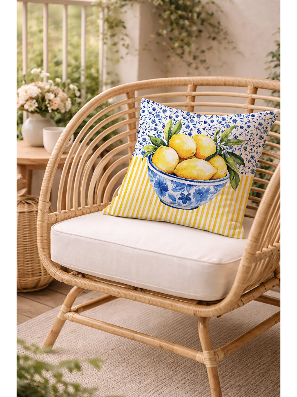 Karışık Mavi Çiçekli ve Sarı Çizgili Zemin Üzerine Çini Kaseli Limon Desenli Kırlent Kılıfı (43x43 cm)-1